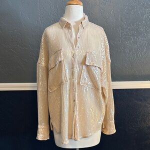 Anthropologie Sequin Button Down Shirt in Cream